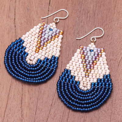 Glass beaded dangle earrings, 'Thai Moon in Blue' - Handcrafted Glass Bead Dangle Earrings