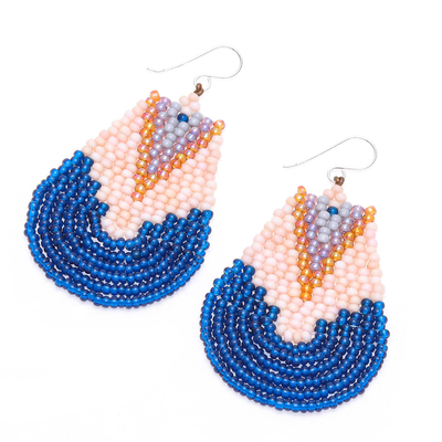 Glass beaded dangle earrings, 'Thai Moon in Blue' - Handcrafted Glass Bead Dangle Earrings