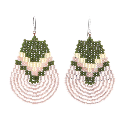 Glass beaded dangle earrings, 'Thai Moon in Green' - Handcrafted Glass Bead Dangle Earrings
