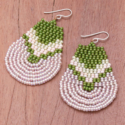Glass beaded dangle earrings, 'Thai Moon in Green' - Handcrafted Glass Bead Dangle Earrings