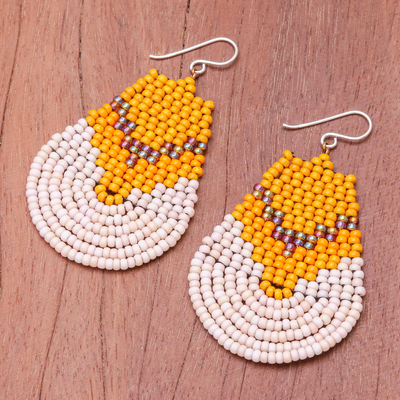 Glass beaded dangle earrings, 'Thai Moon in Orange' - Orange and Cream Glass Beaded Dangle Earrings