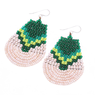 Glass beaded dangle earrings, 'Thai Moon in Green' - Green and Cream Glass Beaded Dangle Earrings