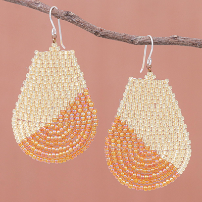 Glass beaded dangle earrings, 'Thai Moon in Gold' - Metallic Gold and Cream Glass Beaded Dangle Earrings