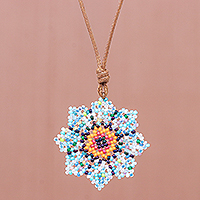 Beaded pendant necklace, 'Eight Petals in Blue' - Hand Strung Glass Beaded Pendant Necklace