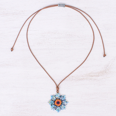 Beaded pendant necklace, 'Eight Petals in Blue' - Hand Strung Glass Beaded Pendant Necklace