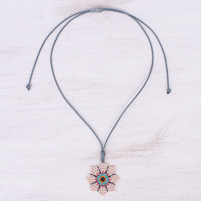 Beaded pendant necklace, 'Eight Petals in White' - Hand Strung Glass Beaded Pendant Necklace