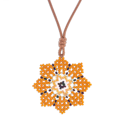 Beaded pendant necklace, 'Eight Petals in Yellow' - Hand Strung Glass Beaded Pendant Necklace