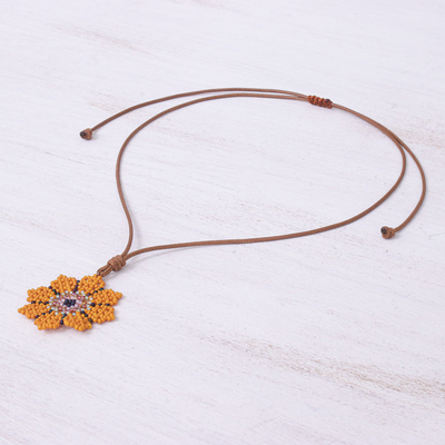 Beaded pendant necklace, 'Eight Petals in Yellow' - Hand Strung Glass Beaded Pendant Necklace