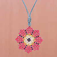 Beaded pendant necklace, 'Eight Petals in Pink' - Hand Strung Glass Beaded Pendant Necklace