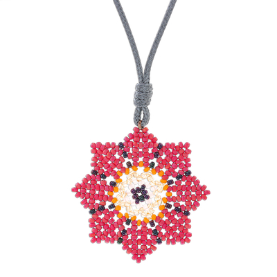 Beaded pendant necklace, 'Eight Petals in Pink' - Hand Strung Glass Beaded Pendant Necklace