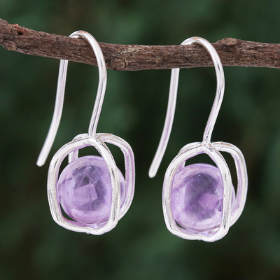 Amethyst drop earrings, 'Violet Galaxy' - Sterling Silver Caged Amethyst Bead Drop Earrings