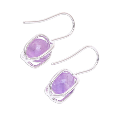 Amethyst drop earrings, 'Violet Galaxy' - Sterling Silver Caged Amethyst Bead Drop Earrings