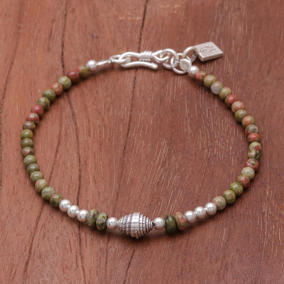Unakite beaded bracelet, 'Earthy Silver' - Unakite and Karen Silver Beaded Bracelet