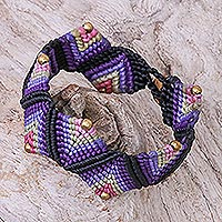 Macrame wristband bracelet, 'Forest Fun in Purple' - Purple Macrame Waxed Cord Wristband Bracelet