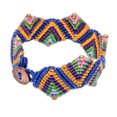 Macrame wristband bracelet, 'Forest Fun in Blue' - Blue Macrame Waxed Cord Wristband Bracelet