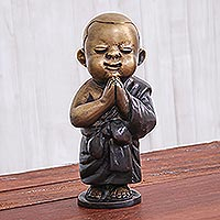 Brass sculpture, 'Praying Novice Monk' - Artisan Crafted Brass Novice Monk Sculpture