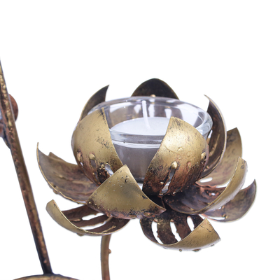 Steel candleholder, 'Royal Lotus' - Handmade Steel and Glass Wall Candleholder