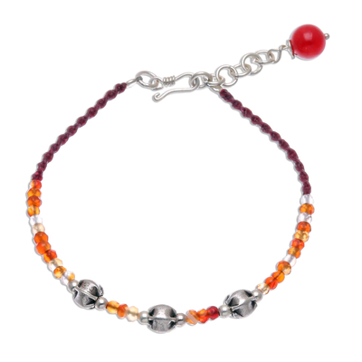 Carnelian beaded cord bracelet, 'Sunny Days Ahead' - Carnelian Beaded Cord Bracelet with Karen Silver Beads