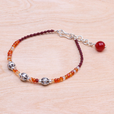 Carnelian beaded cord bracelet, 'Sunny Days Ahead' - Carnelian Beaded Cord Bracelet with Karen Silver Beads
