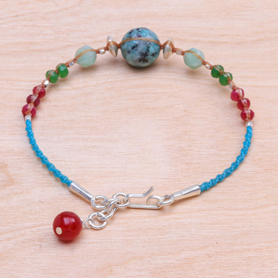 Multi-gemstone beaded cord bracelet, 'Circus Mood' - Multi-Gemstone and Karen Silver Cord Bracelet