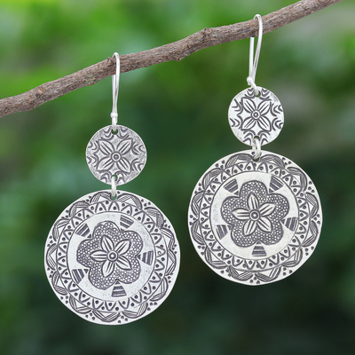 Silver dangle earrings, 'Fancy Flower' - Handmade Silver Floral Dangle Earrings