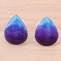 Orchid petal button earrings, 'Orchid Kiss in Blue'