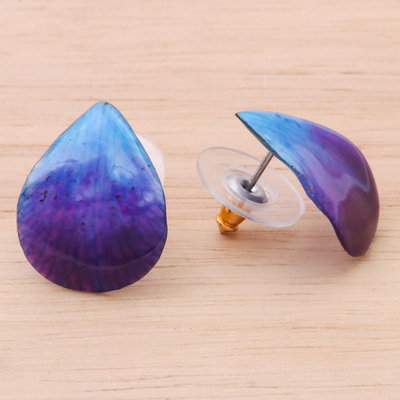 Orchid petal button earrings, 'Orchid Kiss in Blue' - Hand Made Orchid Petal Button Earrings