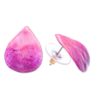 Orchid petal button earrings, 'Orchid Kiss in Fuchsia' - Hand Made Orchid Petal Button Earrings