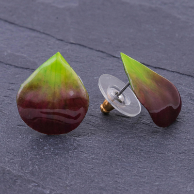 Orchid petal button earrings, 'Orchid Kiss in Green' - Hand Made Orchid Petal Button Earrings