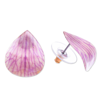 Orchid petal button earrings, 'Orchid Kiss in Light Purple' - Hand Made Orchid Petal Button Earrings