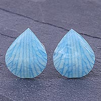 Orchid petal button earrings, 'Orchid Kiss in Light Blue' - Hand Made Orchid Petal Button Earrings