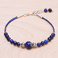 Lapis lazuli beaded cord bracelet, 'Midnight Blues' - Lapis Lazuli Beaded Cord Bracelet with Karen Silver Beads