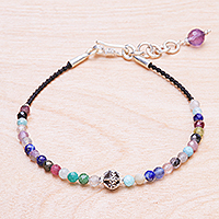 Multi-gemstone beaded cord bracelet, 'Rainbow Sunset'