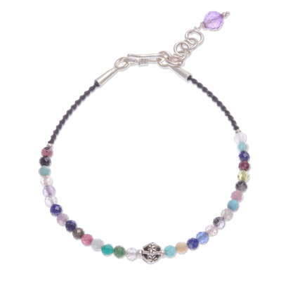Multi-gemstone beaded cord bracelet, 'Rainbow Sunset' - Multi-Gemstone Beaded Cord Bracelet with Karen Silver