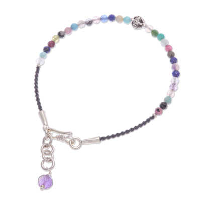 Multi-gemstone beaded cord bracelet, 'Rainbow Sunset' - Multi-Gemstone Beaded Cord Bracelet with Karen Silver