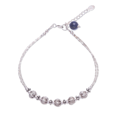 Sterling and Karen Silver Beaded Bracelet with Lapis Lazuli