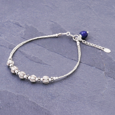Sterling silver and lapis lazuli beaded bracelet, 'Silvery Shadows' - Sterling and Karen Silver Beaded Bracelet with Lapis Lazuli