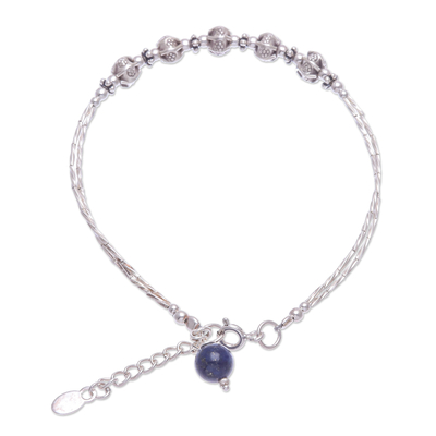 Sterling silver and lapis lazuli beaded bracelet, 'Silvery Shadows' - Sterling and Karen Silver Beaded Bracelet with Lapis Lazuli