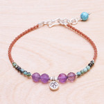 Multi-gemstone beaded cord bracelet, 'Boho Baubles' - Amethyst and Reconstituted Turquoise Beaded Cord Bracelet