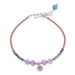 Multi-gemstone beaded cord bracelet, 'Boho Baubles' - Amethyst and Reconstituted Turquoise Beaded Cord Bracelet