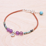 Multi-gemstone beaded cord bracelet, 'Boho Baubles' - Amethyst and Reconstituted Turquoise Beaded Cord Bracelet
