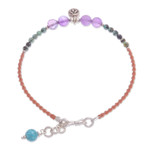 Multi-gemstone beaded cord bracelet, 'Boho Baubles' - Amethyst and Reconstituted Turquoise Beaded Cord Bracelet