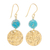 Reconstituted turquoise dangle earrings, 'Golden Coin in Turquoise' - Reconstituted Turquoise Bead and Brass Coin Dangle Earrings thumbail