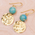 Reconstituted turquoise dangle earrings, 'Golden Coin in Turquoise' - Reconstituted Turquoise Bead and Brass Coin Dangle Earrings (image 2b) thumbail