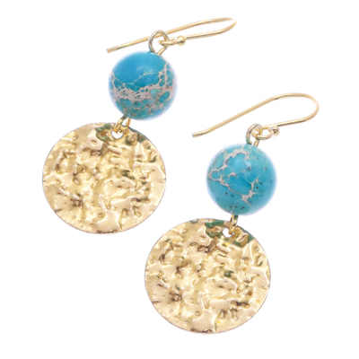 Reconstituted turquoise dangle earrings, 'Golden Coin in Turquoise' - Reconstituted Turquoise Bead and Brass Coin Dangle Earrings