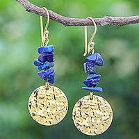 Lapis lazuli dangle earrings, 'Golden Coin in Blue' - Handmade Lapis Lazuli Chip and Brass Coin Dangle Earrings