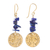 Lapis lazuli dangle earrings, 'Golden Coin in Blue' - Handmade Lapis Lazuli Chip and Brass Coin Dangle Earrings thumbail
