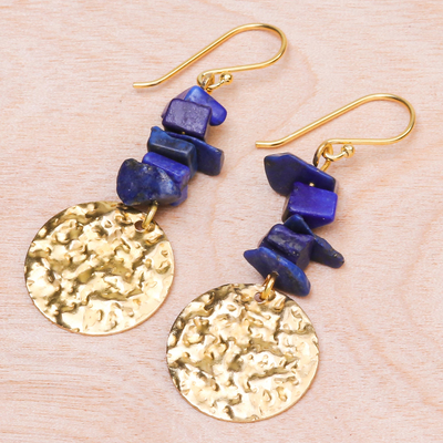 Lapis lazuli dangle earrings, 'Golden Coin in Blue' - Handmade Lapis Lazuli Chip and Brass Coin Dangle Earrings