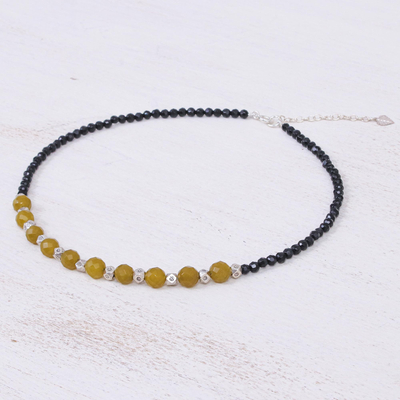 Onyx and agate beaded necklace, 'Sweet Lemonade' - Agate and Onyx Beaded Necklace with Karen Silver Beads