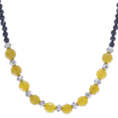 Onyx and agate beaded necklace, 'Sweet Lemonade' - Agate and Onyx Beaded Necklace with Karen Silver Beads